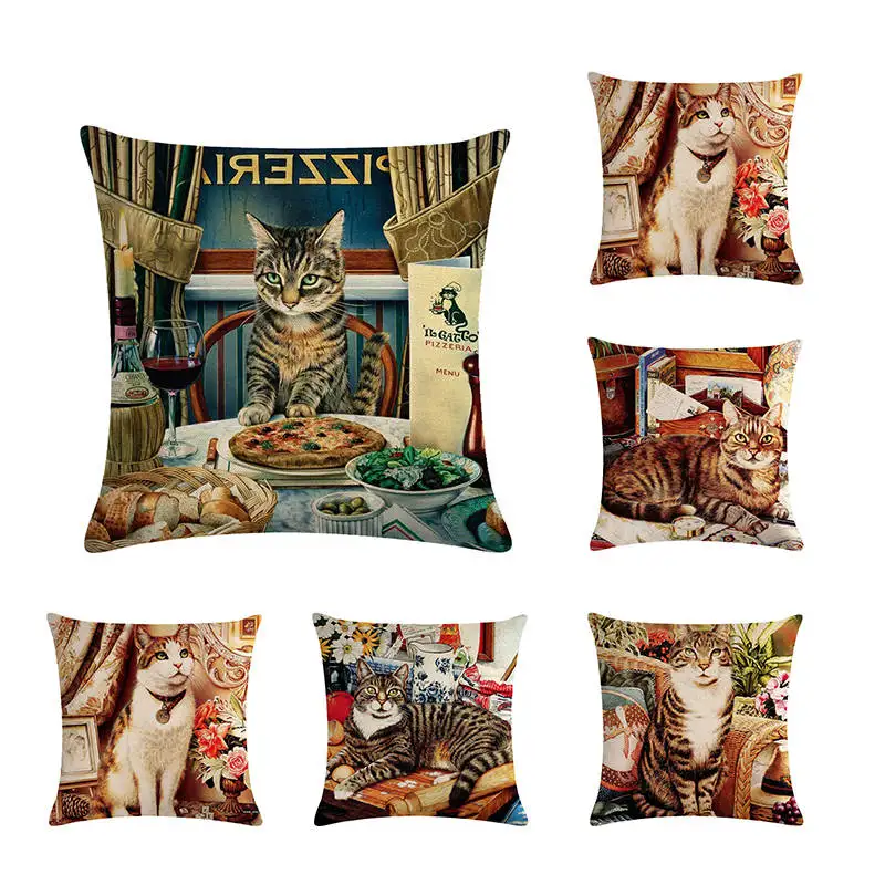 

Hot Sale Europe Retro Playing Cat Dinner Cushion Covers Oil Painting Linen Pillow Cover 45X45cm Bedroom Sofa Decor ZY481