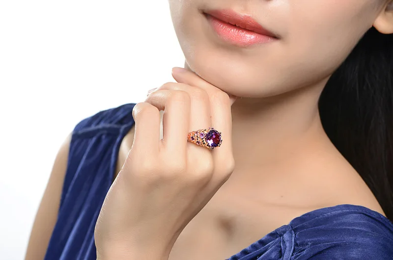 Роскошное кольцо с натуральным аметистом женское 14 к розовое золото Bague Etoile Gemstone Anillos De Ring Bizuteria Agate кольца со стразами NoEnName