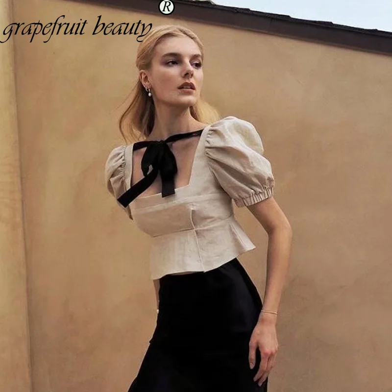 New French Women Elegant Square-collar Delicate office lady white ruffles Blouses Breasted Irregular Short Shirts Blous |