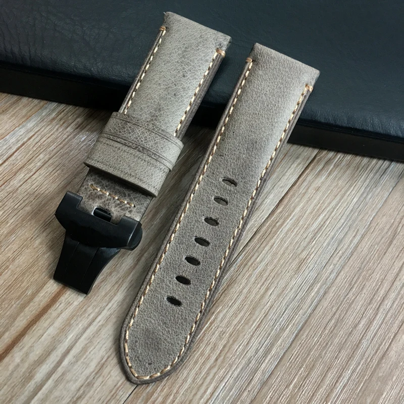 AAA Quality 24mm Brown Gray Vintage retro Italy Genuine Leather Watchband For PAM111  PAM Watch Strap With Butterfly buckle Belt
