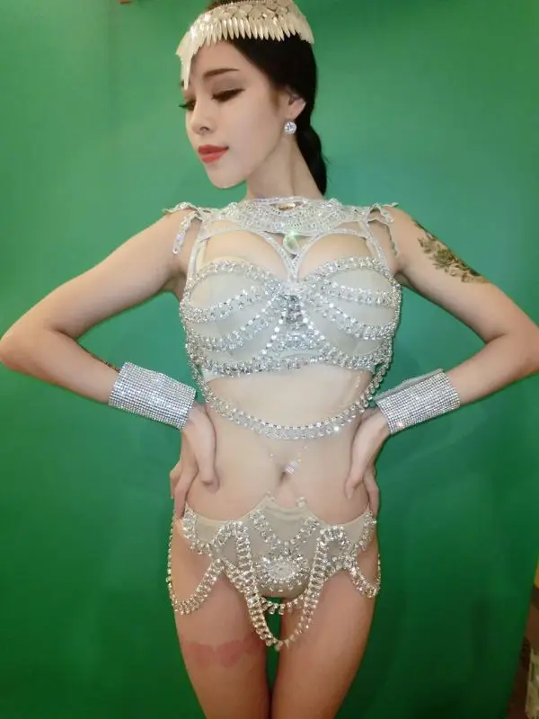 Боди Стразы с блестками женский костюм певец сексуальная кожа белый DJ MC DS