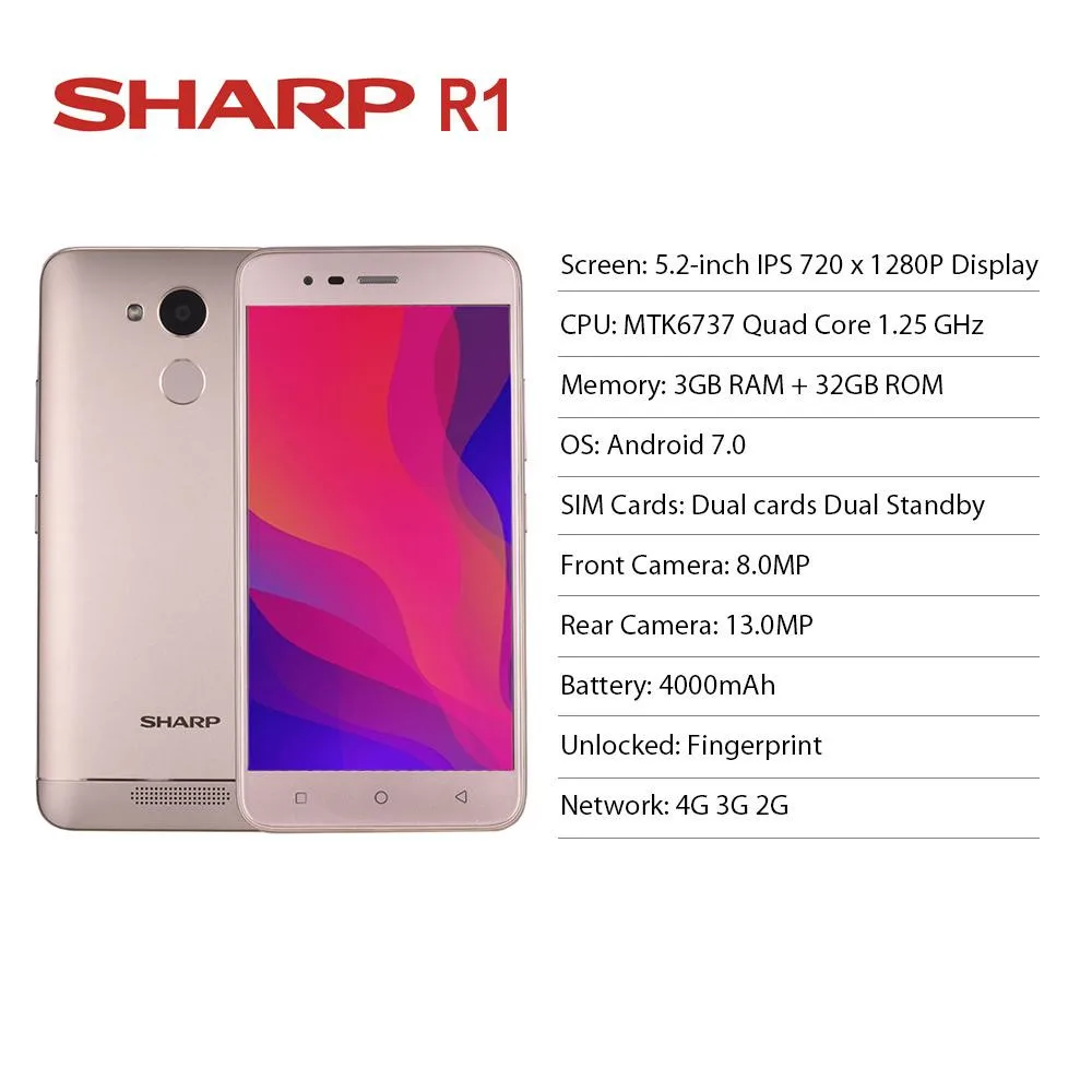 Sharp R1 MT6737 четырехъядерный 3 ГБ ОЗУ 32 Гб ПЗУ мобильный телефон 5," 1280x720 P 16:9 соотношение смартфон аккумулятор 4000 мАч Android мобильный телефон