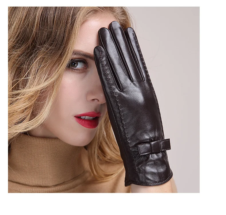 Genuine leather gloves women's fashion gloves winter add velvet thicken warm telefingers gloves touch screen sheepskin gloves068