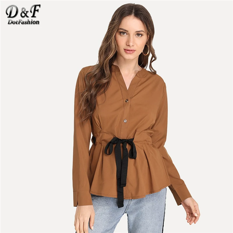 Dotfashion Camel, Женская однотонная блузка с завязками на талии, топы и блузки с длинным рукавом, v-образный вырез,, осенняя одежда, рубашка с планкой
