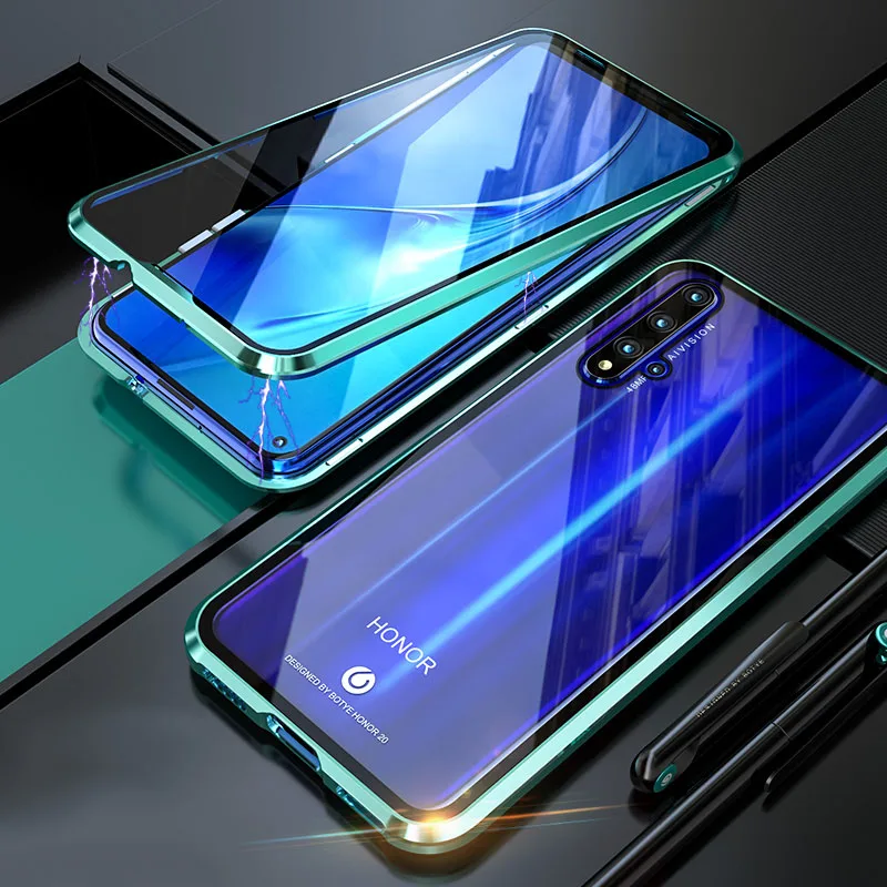 Чехол для huawei honor 20 Pro, Магнитный чехол 360, передний+ задний 9 H, чехол из закаленного стекла для honor 20 9X Pro, металлический бампер, противоударный - Цвет: -Green-
