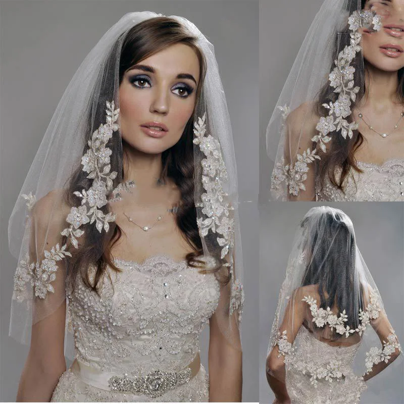 2017 вуаль для невесты белый короткий цвет слоновой кости Кружевная аппликация