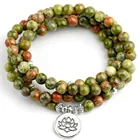 108 Mala Beads браслеты из натурального камня, китайские ювелирные изделия Unakite OM Lotus буддийские браслеты для мужчин и женщин для йоги