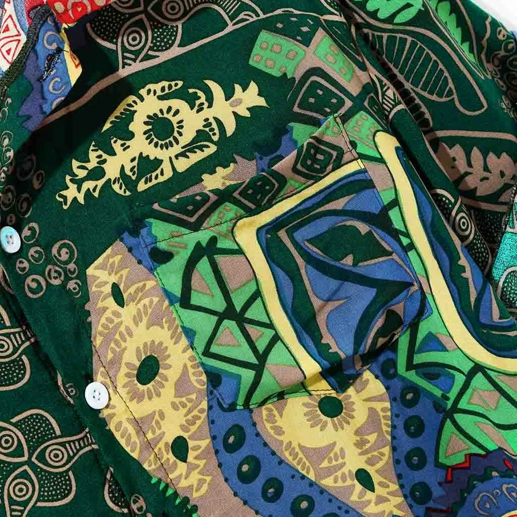 Hot sale New Summer Men Shirts Vintage Ethnic Printed Turn Down Collar Short Sleeve Loose Casual Tops camisas hombre
