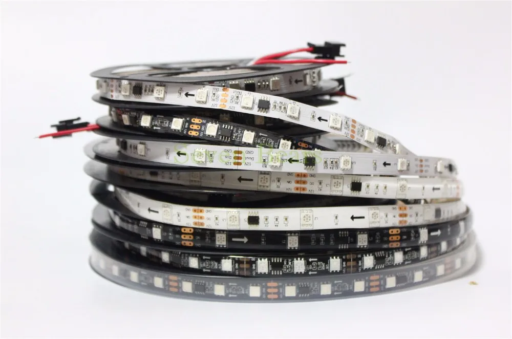 DC12V WS2811 Светодиодная лента 5 м 30/48/60 светодиодов/м, IP30/65/67,10/16/20 шт. ws2811 ic/метр, черного цвета, 2811 светодиодные полосы адресуемых цифровой