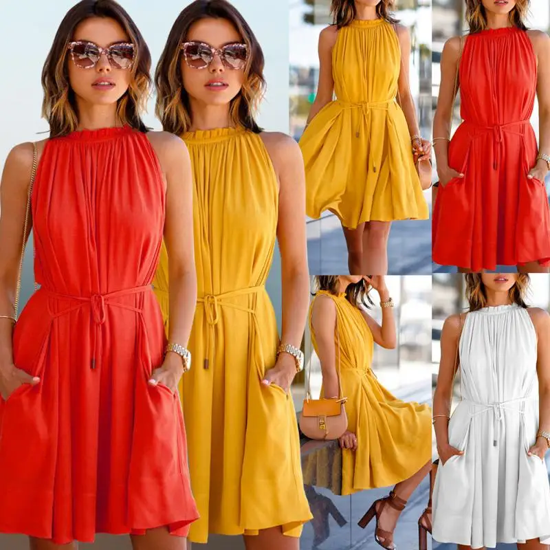 2018 Новая мода лето винтажное плиссированное платье Для женщин Sleeveless Lace-up