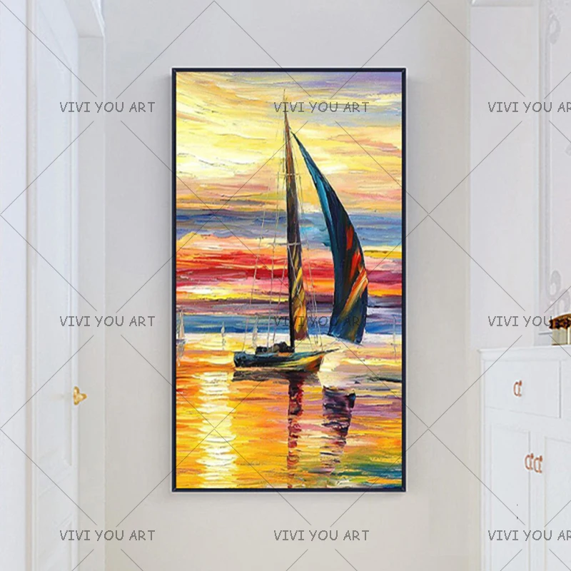 

Large Picture Modern Home Decor Wall Art Handmade Abstract Knife Sailboats Paintings Handpainted Seascape Oil Painting on Canvas