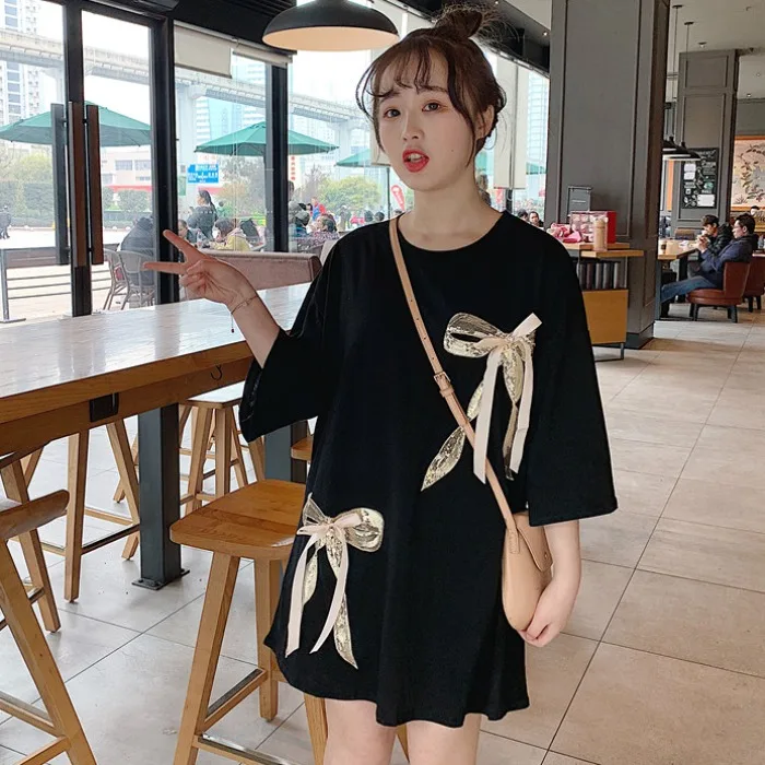 

2019 Chic Japanese Loose Casual Bow Summer Dress College Style O-neck Trend Black White Woman Dress Sweet Girls Dresses