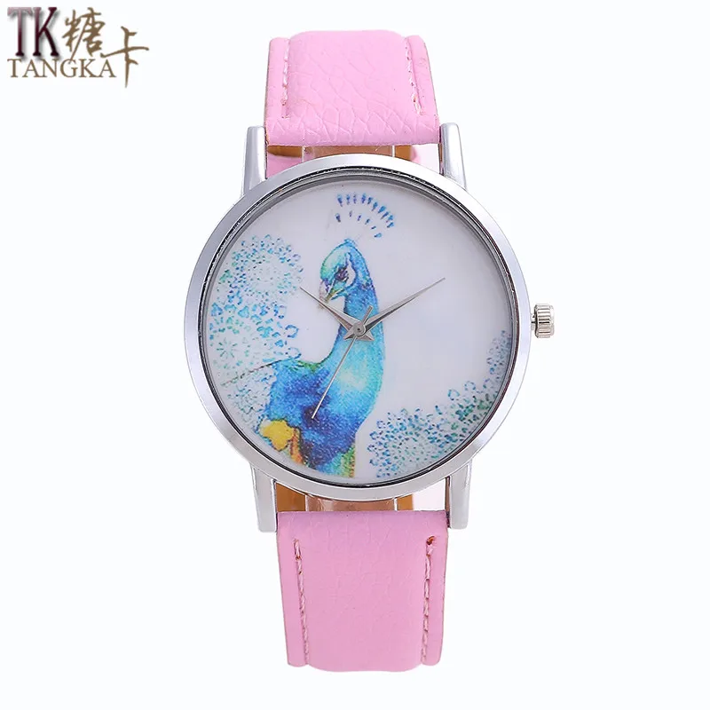 Женские кварцевые часы TANGKA простые стильные синие с изображением павлина и