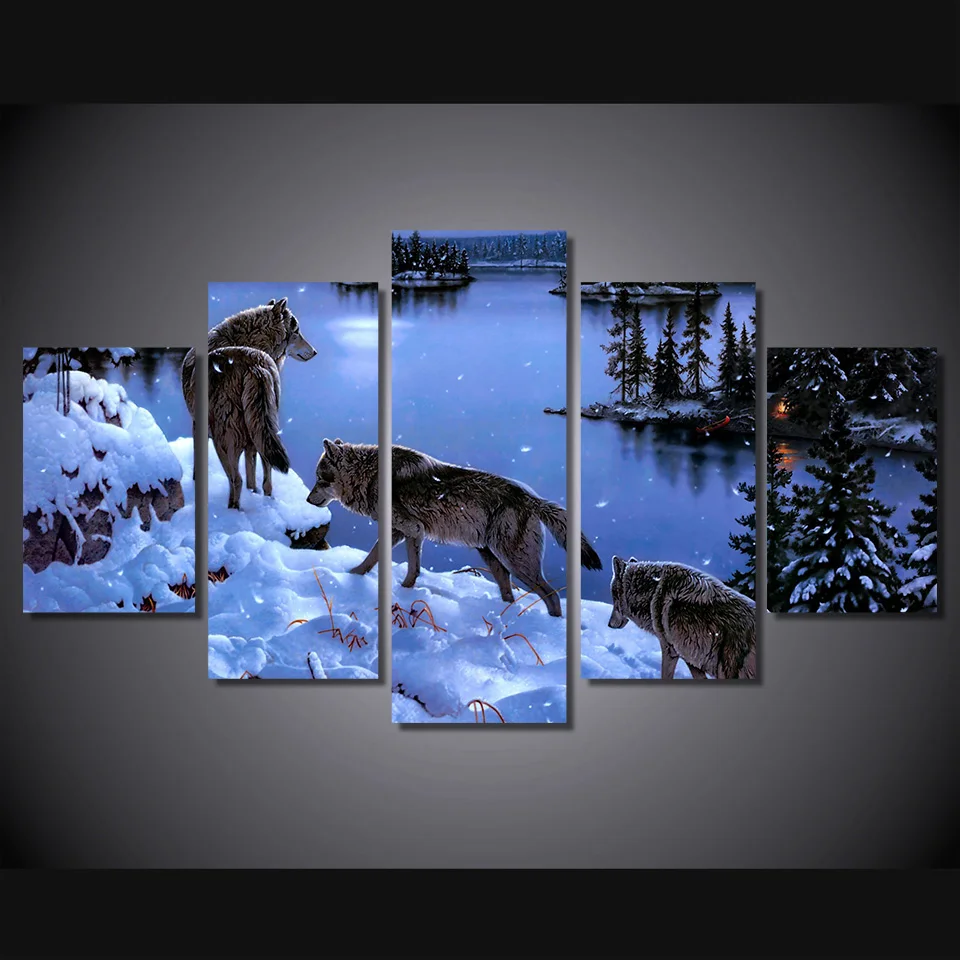 HD Printed Snow Wolf Lake Painting on Canvas Wall Pictures For Living Room Good Quality Modular Oil Cuadros Decoracion | Дом и сад