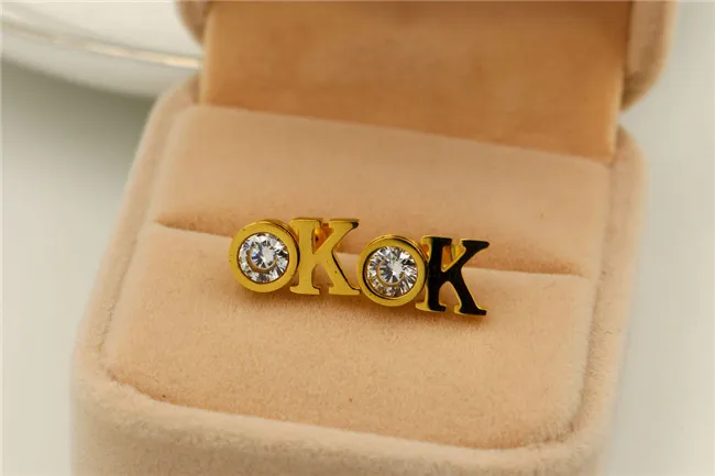 Martick Sport Style OK Letter Stud Earrings Sparkling Crystal For Woman Simple Europe Brand Jewelry E192 | Украшения и аксессуары