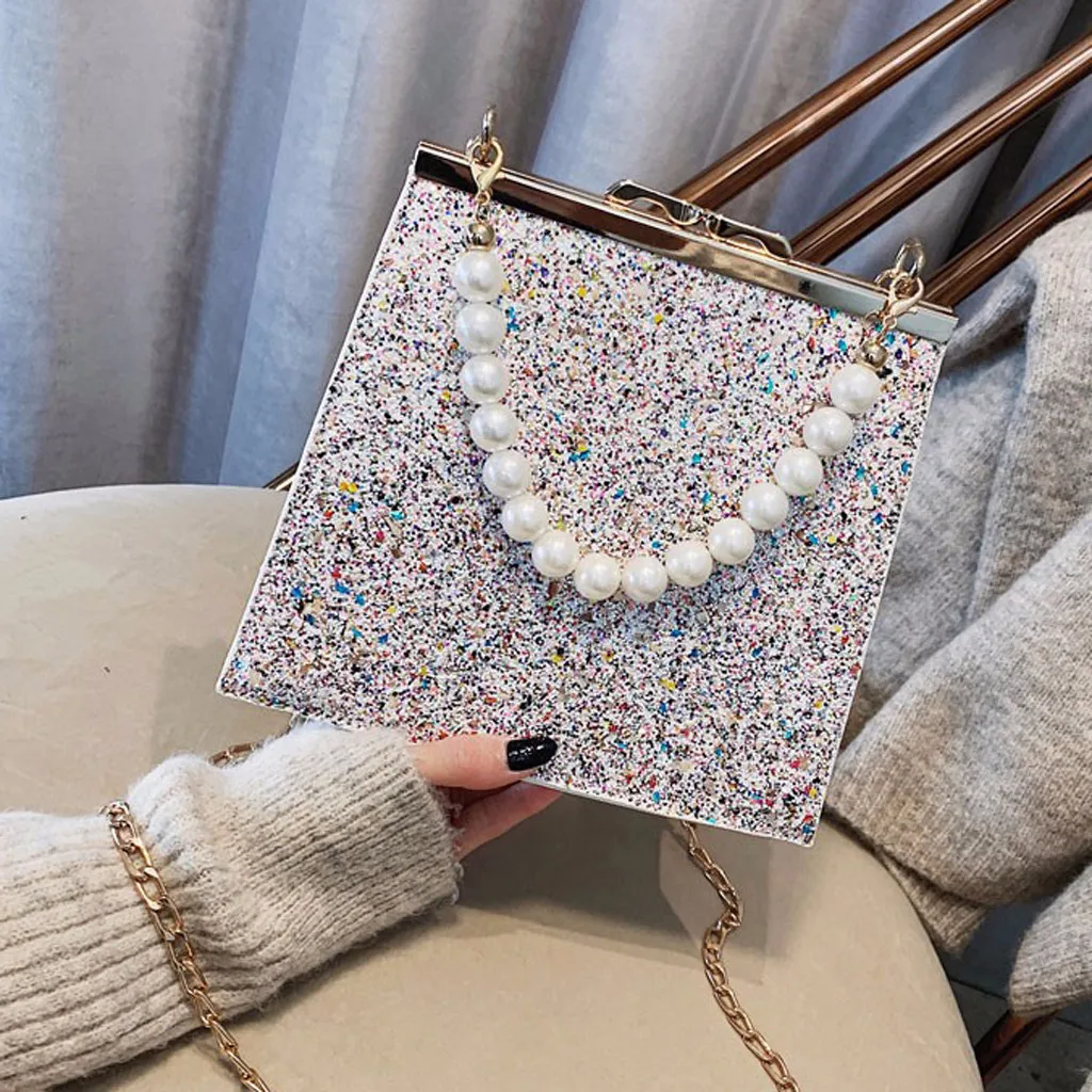 Женские сумки Bolsos Mujer, Женская жемчужная сумка через плечо, блестящая цепочка, кожаные красочные сумки-мессенджеры, сумка на плечо, сумка-тоут с жемчугом, сумка-мессенджер