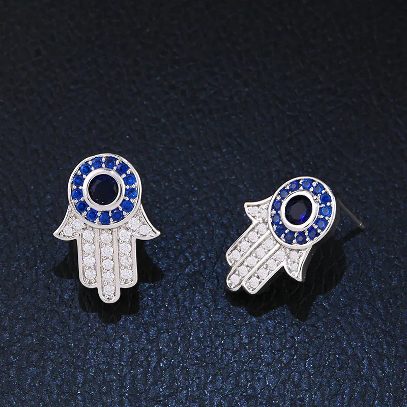 Женские серьги гвоздики с голубым цирконием Fatima Hamsa этническое Золотое ювелирное
