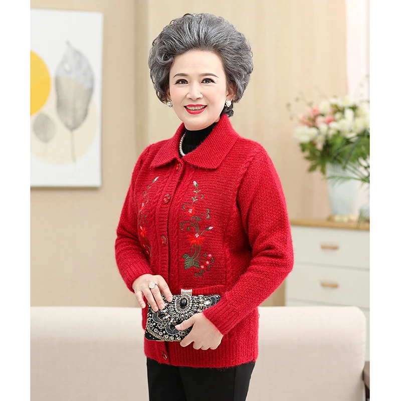 Knitted Cardigan Sweater Coats 2020 Winter Plus Velvet Thicken Elderly Women Knitwear Top Jacket Printed Grandma Clothes W1078 |