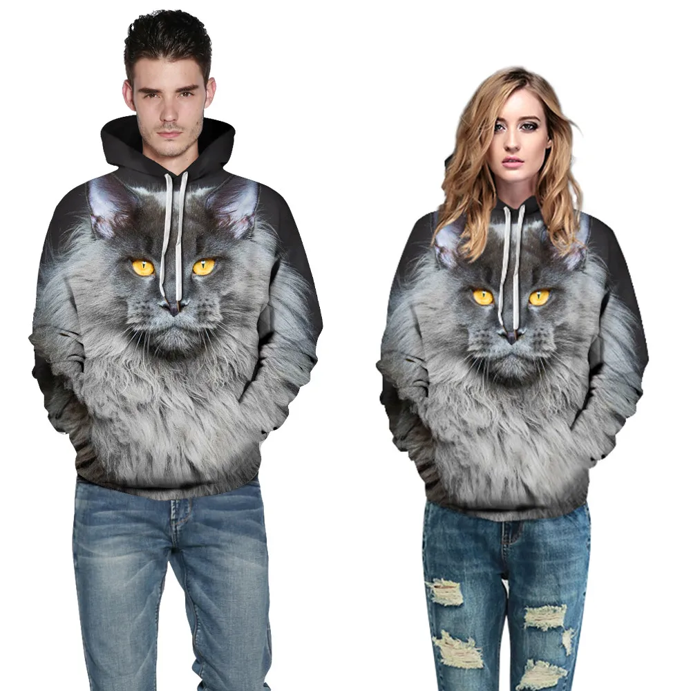 New Harajuku Sweatshirts with Hat Animals 3D Cat Printed Hoodies Casual Couple Clothes Oversized Tops | Женская одежда