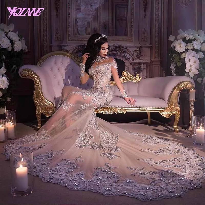 YQLNNE 2018 Luxury Gray Lace Mermaid Wedding Dress Bridal Gown High Neck Sweep Train Vestido De Noiva | Свадьбы и торжества