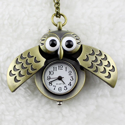 Vintage Bronze Retro Slide Smart Owl Pendant Long Chain Necklace Pocket Watch New