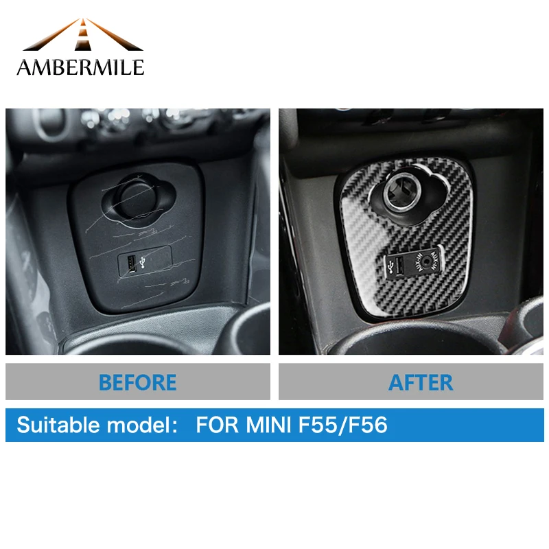 AMBERMILEfor Mini Cooper JCW F55 F56 аксессуары для салона автомобиля из углеродного волокна прикуриватель USB AUX панель консоль крышка наклейка