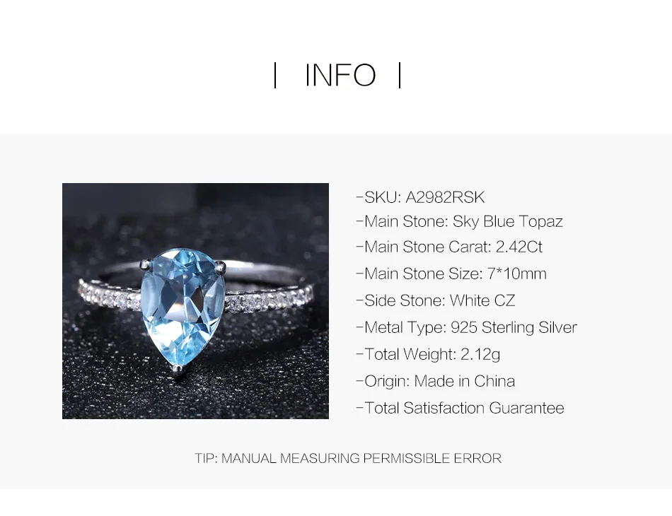 Gem's Ballet 2.42Ct натуральный Небесно-Голубой топаз драгоценный камень кольцо для женщин обручальное кольцо 925 пробы серебро хорошее ювелирное изделие