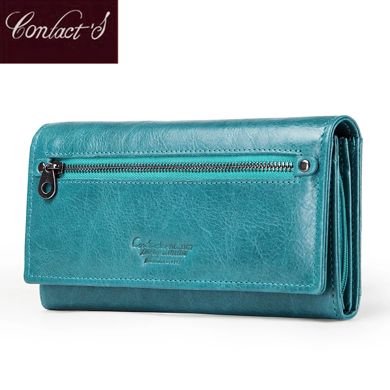 Contact's HOT Genuine Leather Wallet Women Card Holder Wallets for Women Long Style Coin Purse Female Clutch Bag Portfel Damski