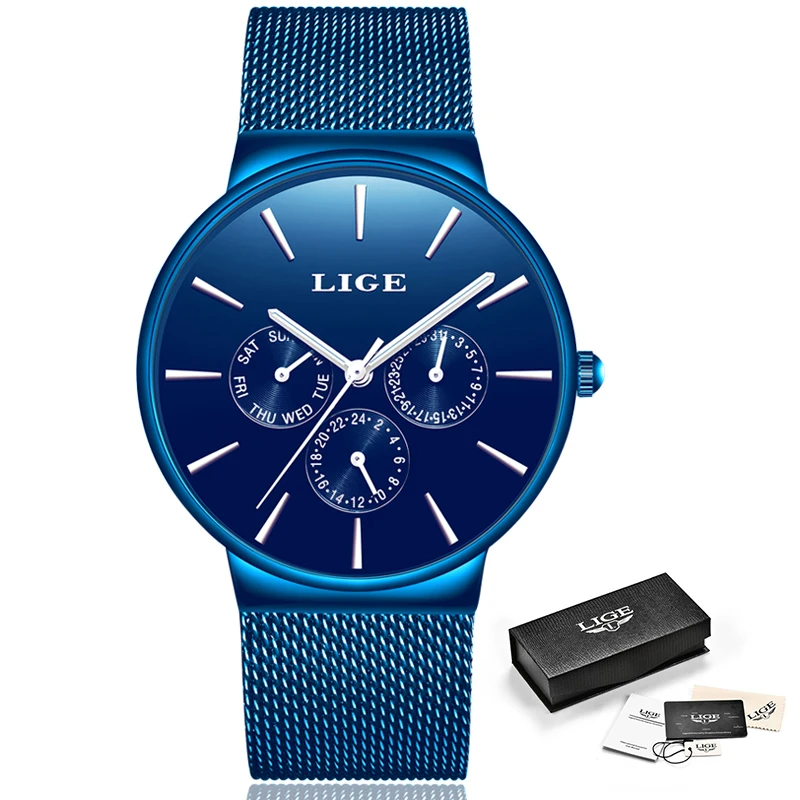 LIGE мужские часы Топ бренд класса люкс повседневные спортивные тонкая сетка сталь