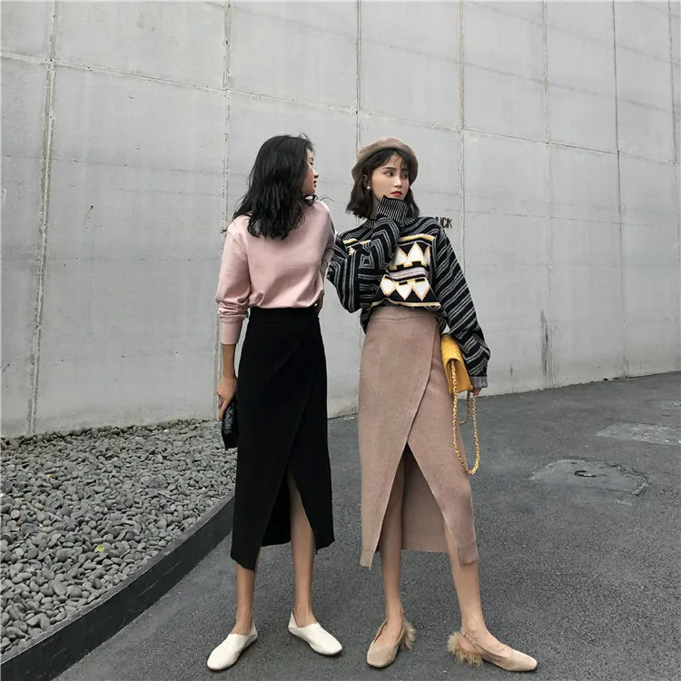 Женская юбка с высокой талией трикотажная разрезом на бедрах корейский стиль