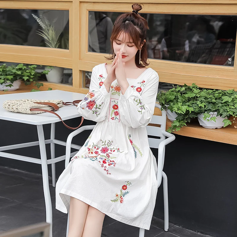 Женское платье из хлопка и льна с длинными рукавами-фонариками милое цветочной