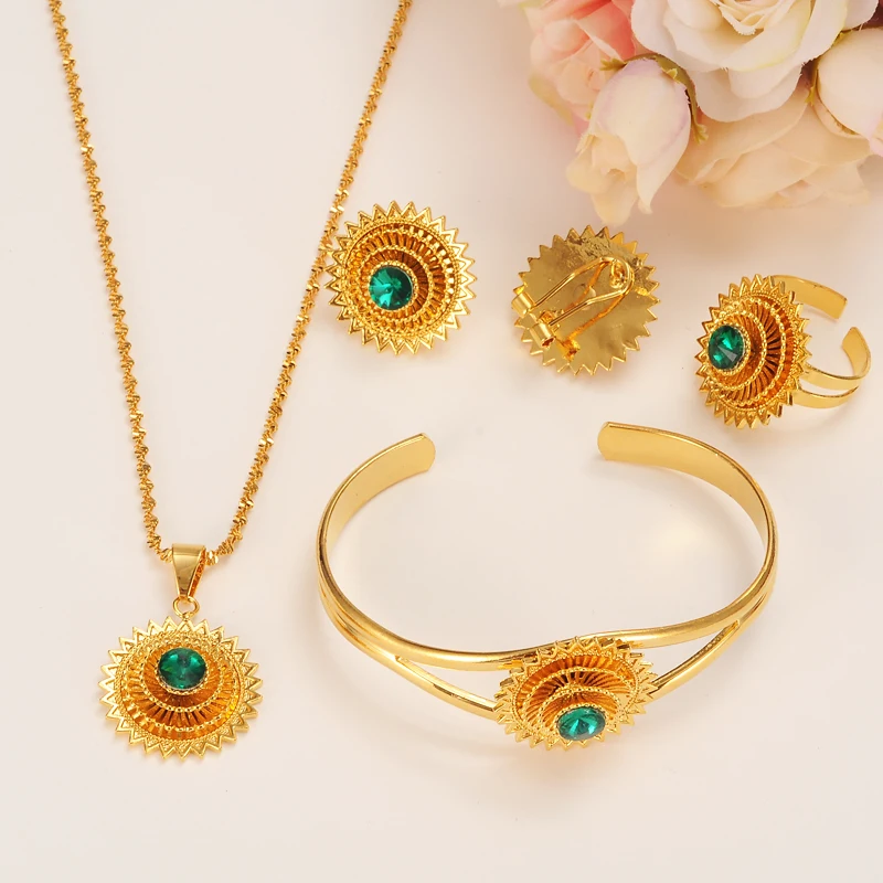 Habesha Set Ethiopia Style Necklace Earrings Ring bangle Gold Color Jewelry Sudan women girls cz cystal bridal Wedding Gift | Украшения и