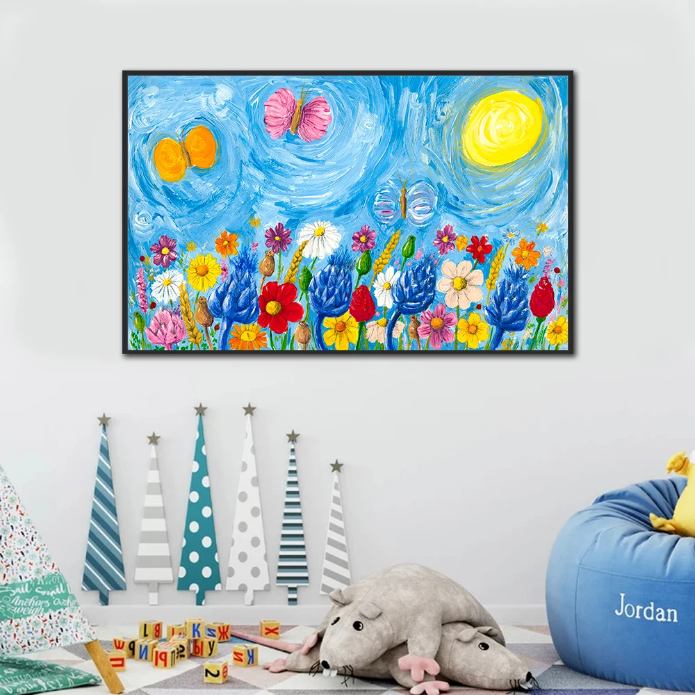 

Впечатления пейзаж с цветком живопись на холсте бабочка мультфильм плакат художественная стена для детской комнаты украшения