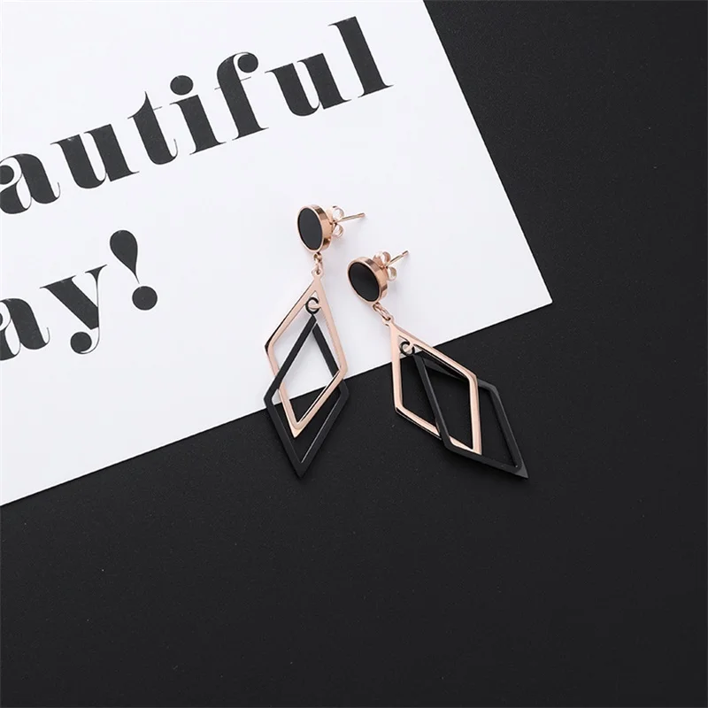 style-5 New Listing Geometric Titanium Steel long Tassel Girl Earrings gold Stainless Steel Triangle leaf Girl Black Jewelry Earrings 1 - Окраска металла: style-5