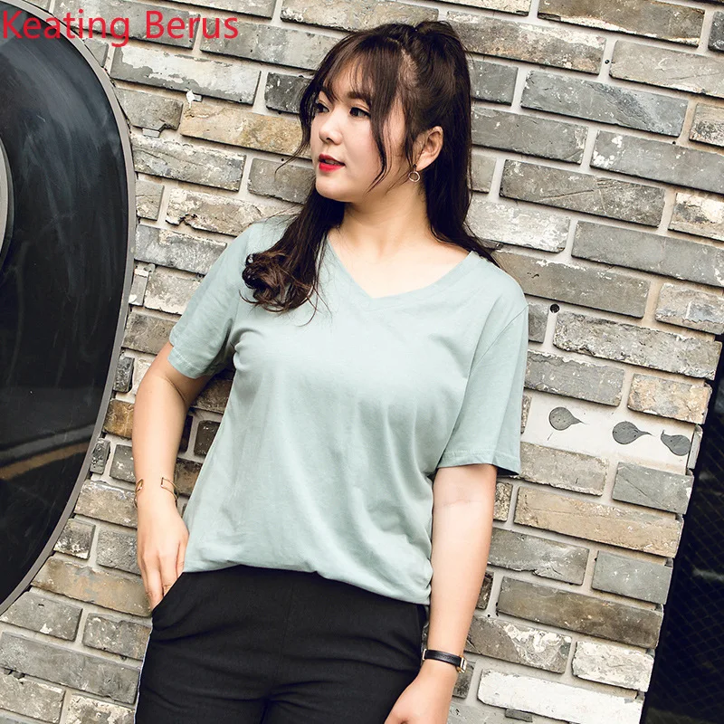 Keatingberus Women's Large Size Summer Short-sleeved Solid Color shirt Loose 7 5XL Top 0683 |