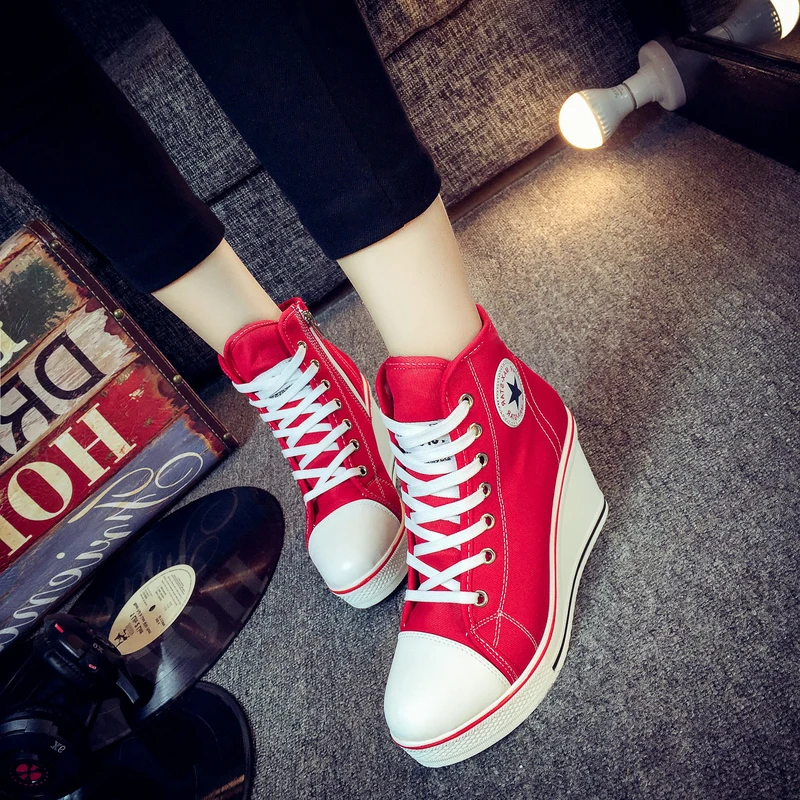 red wedge sneakers Г., модная женская обувь кроссовки на танкетке обувь на платформе с высоким берцем Женская Повседневная парусиновая обувь на высоком каблуке, увеличивающая рост размера плюс - Цвет: red wedge sneakers