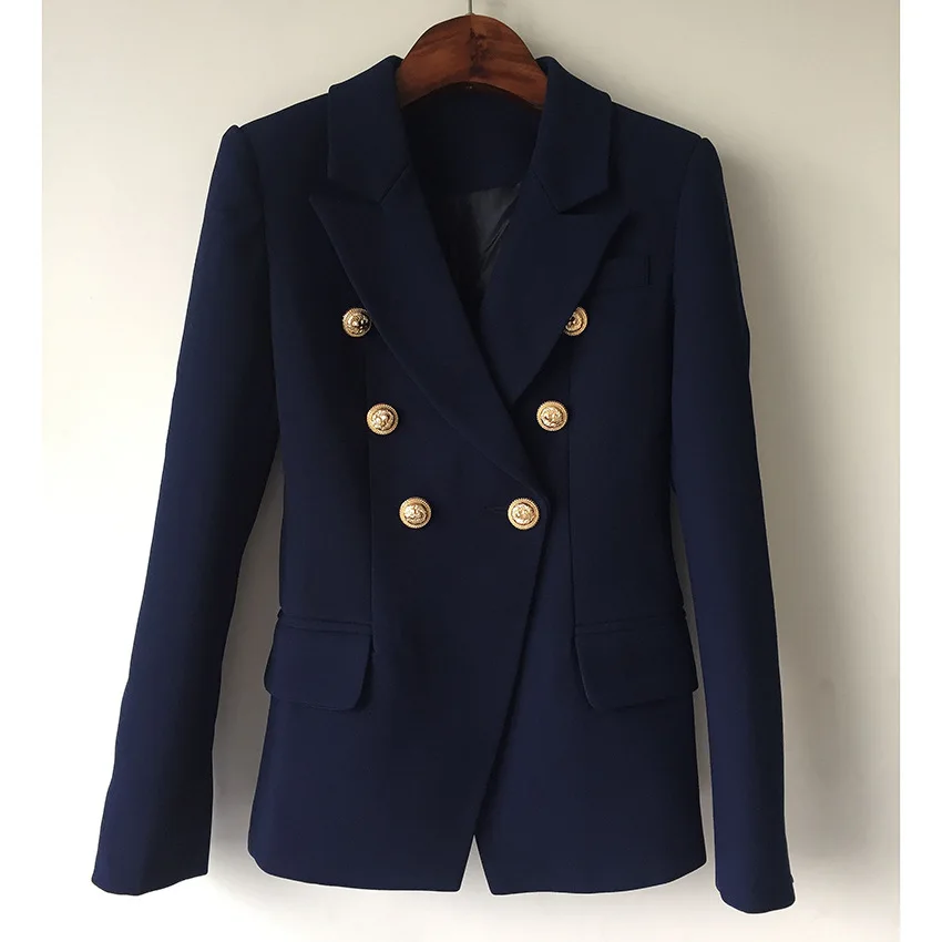 Dark blue suit jacket gold high fashion temperament lion head pattern buckle long sleeve double-breasted small suit jacket