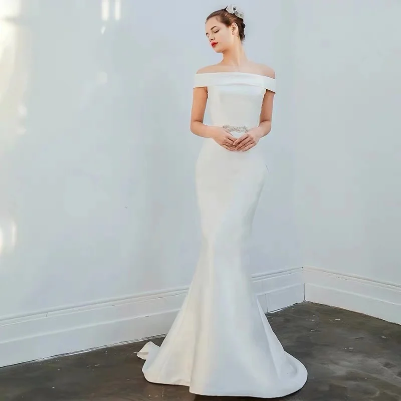 

Gorgeous White Ivory Wedding Dresses Off The Shoulder Mermaid Bridal Dresses Diamonds Sashes Bow Back 2019 Vestido De Noiva