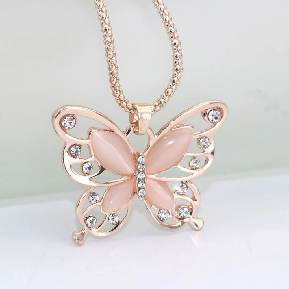 

Fashion Women's Rose Gold Cubic Zircon Pendant Necklace Opal Butterfly Charm Pendant Long Chain Necklace Jewelry L0305