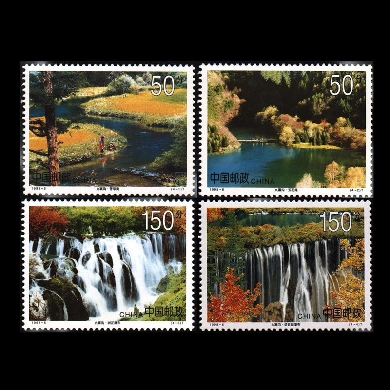

Jiu ZhaiGou , Chinese beautiful scenic area, 4 Pieces Print in 1998 All New For Collecting , Chinese Postage Stamps 1998-6