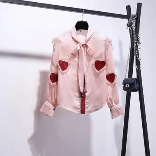 2019 Spring Autumn Women heart-shaped Long Sleeve Bow Shirts + PU Red Skirt 2 pcs sets Female Beautiful Dresses A643 | Женская одежда