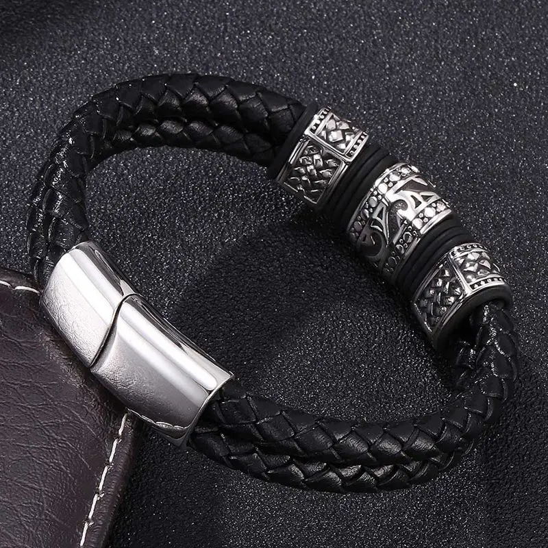 Мужской кожаный браслет в стиле панк черный плетеный с магнитной застежкой из