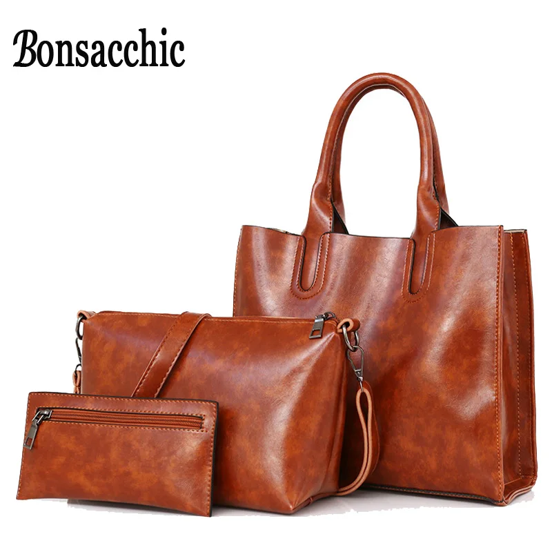 Bonsacchic 3 шт. кожаные сумки с верхней ручкой Женская Ручная сумка набор красная