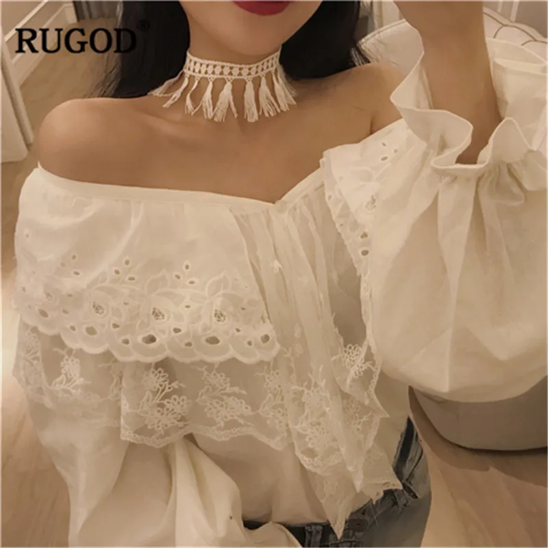 RUGOD Сексуальная кружевная блузка с открытыми плечами женская модная оборками