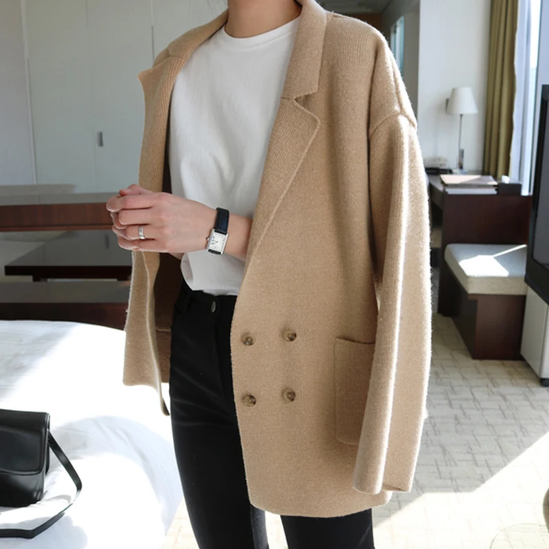 HziriP Casual Fashion Double Breasted Flat Knitted Cardigan Women Regular Solid Color Full Sleeves Button Female Sweaters Coat |