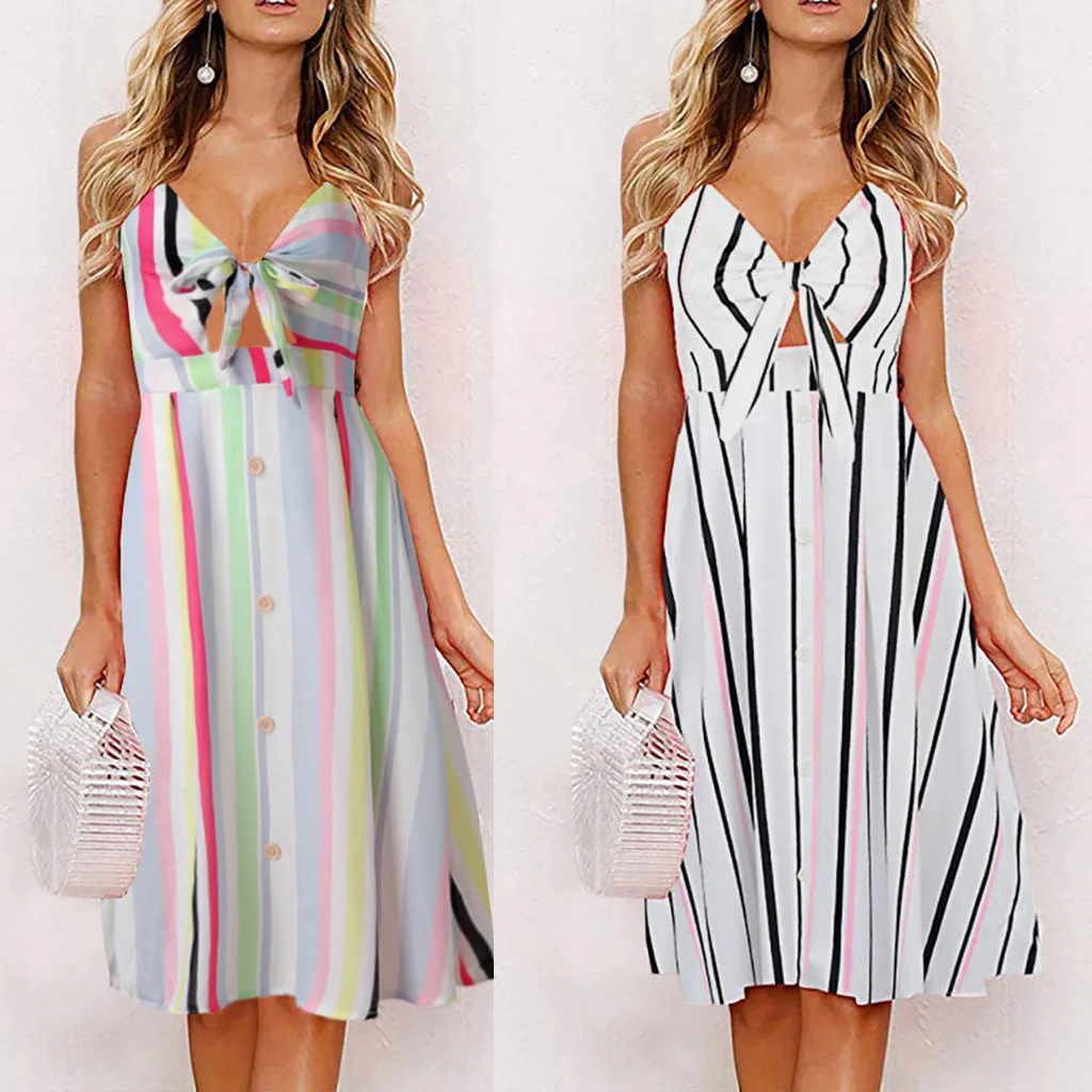 Новое Элегантное летнее платье в полоску с v-образным вырезом и открытой спиной