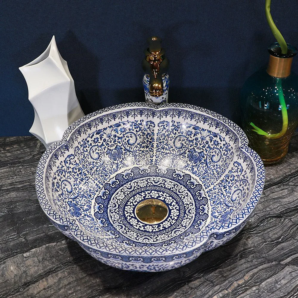 Jingdezhen синий и белый фарфор горшечный цветок круглый умывальник над керамической