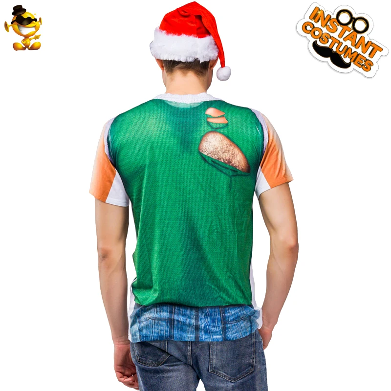 

Adult Men's Muscle Christmas T-shirt Green 3 D Printing Sexy Muscle Shirt Merry Christmas Party with Santa Hat
