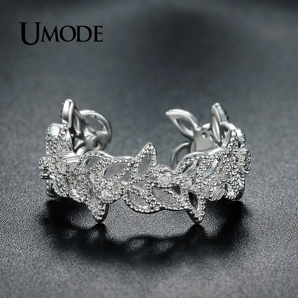 UMODE брендовые кольца в виде оливкового листа для женщин Белый Золотой Топ CZ