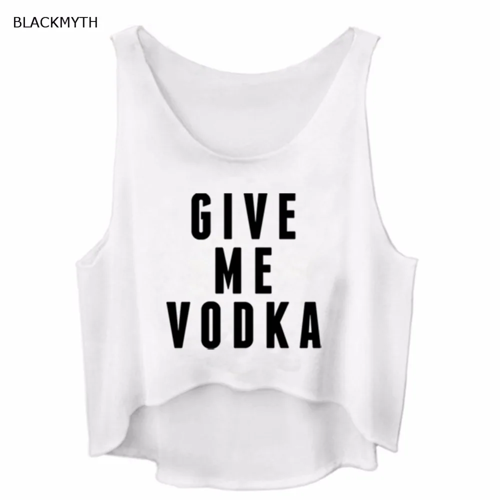 BLACKMYTH Модные женские свободные черные футболки без рукавов с надписью GIVE ME VODKA|crop